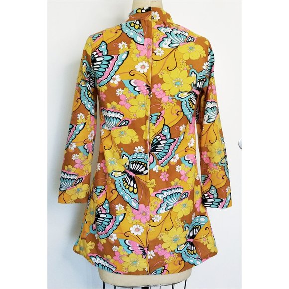 Vintage 1970s Iconic Womens Mini Dress Butterflies Flowers Mod A-line Woodstock - Picture 4 of 16